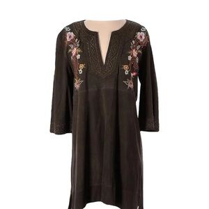 Johnny Was Olive Green 100% leather Tunic with Embroidery